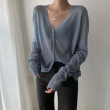 Women Korean Long Sleeve Cardigan Summer Cropped Cardigan Knitted V Neck Thin Ice Silk Blouse Sunscreen Shirt
