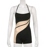 Mesh Patchwork Lace-up Halter Backless Night Club Jumpsuits Rompers Sexy 2022 Summer See Through Black Playsuit