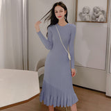 Autumn Winter Elegant Slim Midi Sweater Dresses Knitted Ruffle Dress Female A-line Casual
