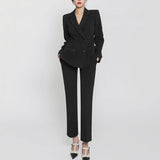 2 Piece Set Women Blazer Set Double-Breasted Slim Jacket Pants Suit Office Ladies Work Female