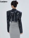 2 Piece Sets Womens Outfits Lace Up Black Shiny Crocodile Texture Leather Midi Skirt with Side Slit and Crop Top