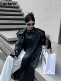 Spring Autumn Long Cool Oversized Brown Black Pu Leather Trench Coat for Women European and American Runway Fashion