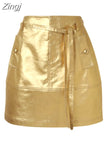 Summer Autumn Gold Shiny Faux Leather Skirt Women with Sashes A Line Korean Style Clothes Streetwear 2023 Runway