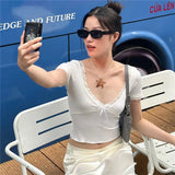 Summer Fashion Trend Women's New Short-Sleeved V-Neck Lace Lace-Up