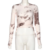 Dye Print Ribbed Women T Shirt Crop Top Bandage Long Sleeve Sexy Streetwear Summer Clothes