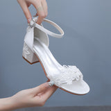 Cm Square Sandals Shallow Mouth With Coarse Sandals Horseshoes And White Lace Flowers Bride Wedding