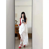 Korean Holiday Style White Lace Splicing Sling Dress Women's 2025 Summer Irregular