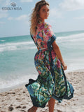 Bohemian Printed Short Sleeve Self Belted Side Split Summer Beach Dress Green Cotton Tunic Women Beachwear Maxi Dress