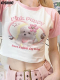 Dog Print Crop Top T-shirts Women Y2k Tops Aesthetic 2024 Summer Vintage Slim Short Sleeve Graphic Tee Harajuku