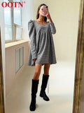 Black White Plaid Female Autumn Casual Mini Dress Puff Sleeve Square Neck Elegant Ladies Vintage A Line Women