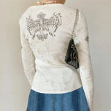 Women Vintage Y2K Grunge T-shirt Long Sleeve O Neck Gothic Cross Angel Wings Printed Retro Rhinestone Slim Fit