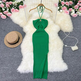 Zingj Sunshine Wind Sweet Slim Show Thin Tight Knit Dress Socialite Temperament Hanging Neck Off The Shoulder Slit