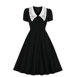 Summer Women Casual Swing A Line Cotton Dress Lace Peter Pan Collar Short Sleeve Pinup 50s 60s Vintage Rockabilly