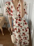 Elegant Midi Dress For Women Boho One Piece New Ladies Rose Print Clothing Femme Fashion
