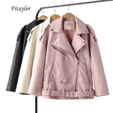 Autumn Women Loose Leather Jackets Turndown Collar Rivet Epaulet Zipper Biker Overcoat Female Faux Soft Leather