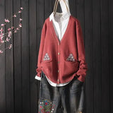 style retro V-neck knitted cardigan women autumn new style art jacquard embroidery sweater women