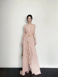 French Holiday Style V-Neck Hanging Neck Wood Ear Dress Chiffon Three-Dimensional Flowers Bare Back Sexy Evening Dress