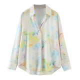 ZA Women Tie Dye Print Shirt Retro V-Neck Long Sleeve Elegant Blouse Casual Drape Button Up Spring Autumn Chic Female