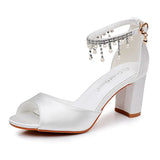 Cm Fish Mouth High Heel Sandals Shallow Large-Size Round-Headed Beaded Thaigou High Heels Bridal Wedding Silk Satin