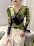 Autumn Wrinkled Cross V-Neck Long Sleeve Mesh T-shirt Women High Stretch Printing Fashion Slim Base TShirts