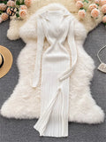 Women Korean Knitted Dress Long Sleeve V Neck Elastic Slim Pencil Dresses 2023 Autumn Sexy Bodycon Split Sweater