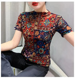 Autumn Mesh Tshirts Women Short Sleeve Half Turtleneck Printed Floral Tees Girls Slim Elastic T Shirts Tops