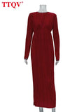 Winter O-Neck Green Women'S Dress Elegant Long Sleeve Bodycon Midi Dresses Female Casual Pleated Dress For New Year