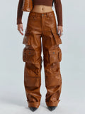 Zingj Cargo Pants Fall 2024 New Personality Splicing Loose PU Leather Pants Casual Wide-Leg Pants