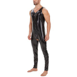 Zingj Plus Size Men's PVC Bright Leather Onesie Sexy Open Gear Slim Onesie Leather Pants Size