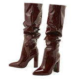 Zingj New Patent Leather Middle Leg Boots Side Zipper Naturally Wrinkled Pointed Thick Heel Fashion Women's Boots-Outfit