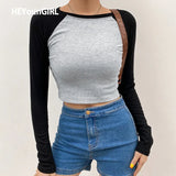 Casual Patchwork Long Sleeve Crop Top T Shirt Fashion Basic Cotton Tshirt Women Fashion Slim Korean Tee Shirt