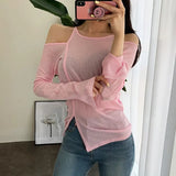 Off Shoulder Long Sleeve White Black Ladies T shirt 2021 Summer Fashion Casual Solid Tops Women Thin T-shirt See