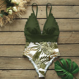 In The Forest One-piece Swimsuit Women Deep V neck Back Cutout Ruffle Monokini 2021 Summer Bathing Suit Swimwear