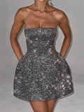 Black Glitter Removable Bow Tube Mini Dress- Outfit