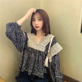 Women V-neck Lace Printed Lantern Sleeve Retro Elegant French Style Fashion High Quality Leisure Females Student Hot