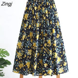 Stripe Cotton Linen Skirts Women Summer Elastic High Waist Pleated Midi Skirt Loose Casual A-Line Beach Boho Skirt