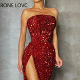 Women Solid Elegant Glamourous Strapless and Sleeveless Sequins Bodycon Maxi High Silt Sexy Formal Party
