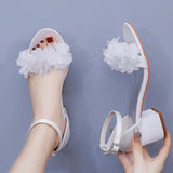 Cm Square Heel Sandals Light Mouth A Word With Coarse Heel Sandals White Flowers Color Lactin Ribbon Bridal Wedding