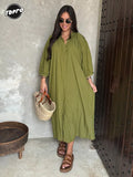 Loose Solid Single Breasted Maxi Dress For Women Elegant V Neck Long Sleeved Dresses 2024 New Fashion Female Commute