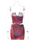Aesthetic Print Women Y2K Two Piece Set 2023 Casual Elegant Corset Top+Mini Skirt Night Club Party Matching