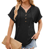 Zingj / Summer 2024 New Hooded Drawstring Button Solid Color Loose T-Shirt Top-Outfit