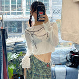 Spring And Summer 2024 New Word-Collar Fashion Prints Long-Sleeved Wave Wave Wave Wave Top