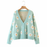 Winter Elegant Knitted Cardigan Kawaii Preppy Style Women Daisy Jacquard V Neck Loose Sweater Pull Femme Casual Coat