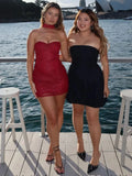 Red Sequin Strapless Draped Bodycon Mini Dress- Outfit
