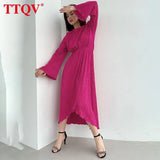 Elegant Green Pleated Dresses For Women 2022 Autumn O-neck Long Sleeve Midi Dresses Casual Loose High Waisted Female