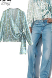 Chain Print Crop Top Woman Blue Wrap Long Sleeve Shirts And Blouses For Women Fashion 2023 Knot Elegant Women's