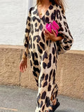 Leopard Printed Side Split Midi Dress Women Sexy V Neck Lantern Sleeve Dresses Fashion Lady Casual Loose Vestidos