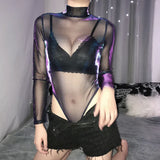 Shining Long Sleeve Bodysuit Mesh Fishnet Jumpsuit Women Goth Gothic Sexy Body Femme Shirt Top Transparent Blouse