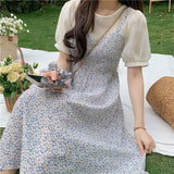 Women A-line Retro Harakuju Patchwork Puff Sleeve Floral Oversize Korean Style Elegant Chic Casual Summer Fashion