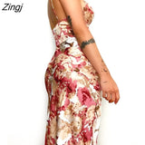 Summer Women Dresses Floral Print Spaghetti Strap 2022 New Casual A-line Midi Deep V-Neck Backless Sexy Club Sling